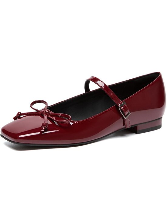 Shoes - Women's Mary Jane Flats Square Wine Red Toe Ballet Flats Shoes with Buckle Strap